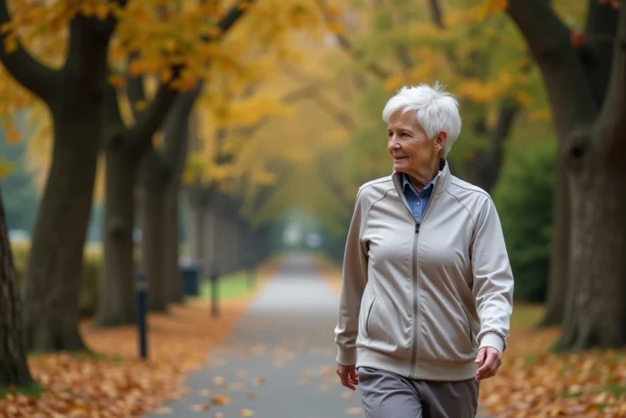 Femme retraitée active se promenant seule sur un sentier de parc en automne entouré de feuilles dorées