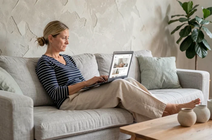 Femme explorant la carte du site Maison Mania confortablement installée dans son salon scandinave
