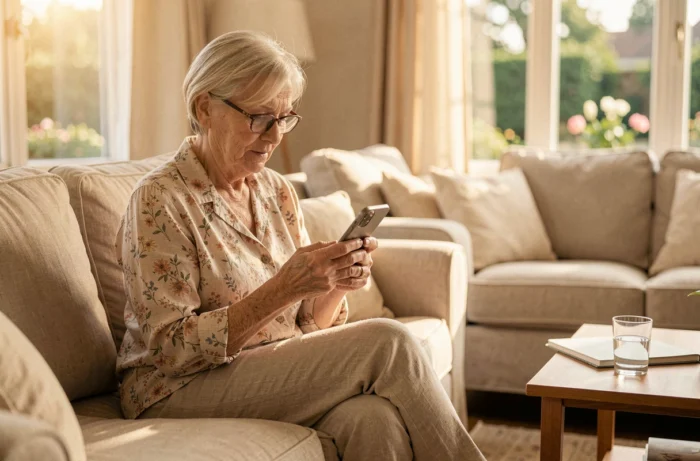 Femme senior lisant des conseils de bien-être sur son smartphone confortablement installée dans son salon