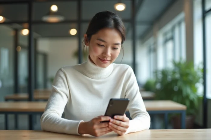 Femme découvrant un smartphone pliable dans un bureau tech moderne en 2024