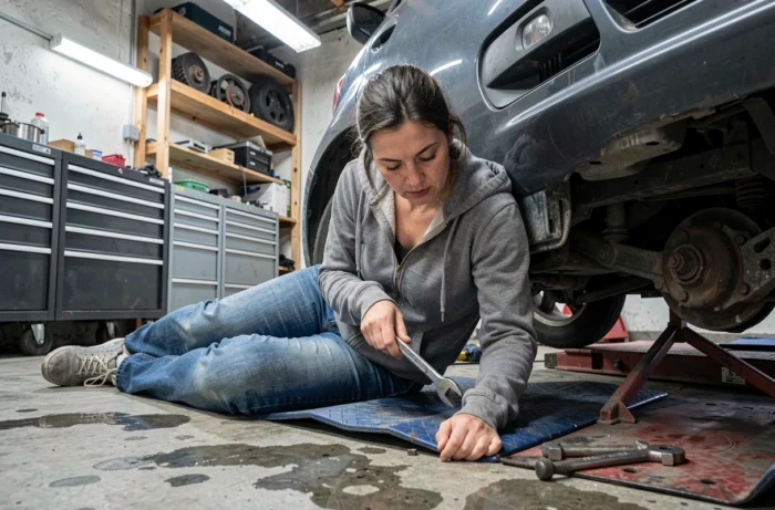 Femme allongée sous une voiture en train de taper sur le démarreur avec une clé dans un garage domestique