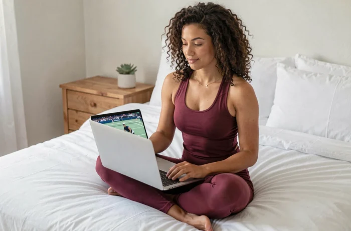 Femme regardant un match de tennis en streaming sur son ordinateur portable dans sa chambre