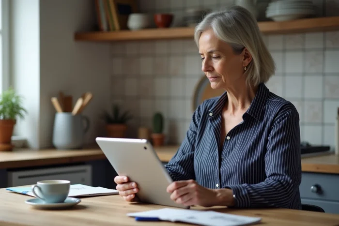 Femme suivant une lettre recommandée en ligne sur une tablette depuis chez elle