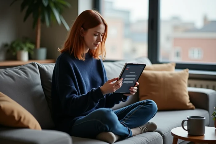 Jeune femme consultant un site miroir de streaming sur tablette depuis son salon moderne