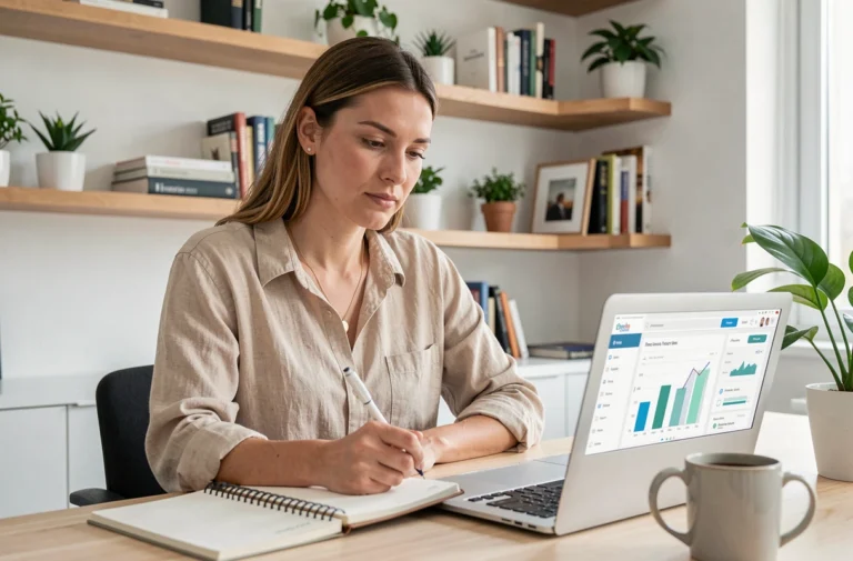 Femme travaillant sur son ordinateur portable avec des tableaux de bord analytiques pour gagner de l'argent en ligne depuis son bureau à domicile