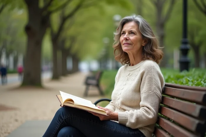 Femme réfléchissant dans un parc parisien, moment de vie privée et de sérénité loin des projecteurs