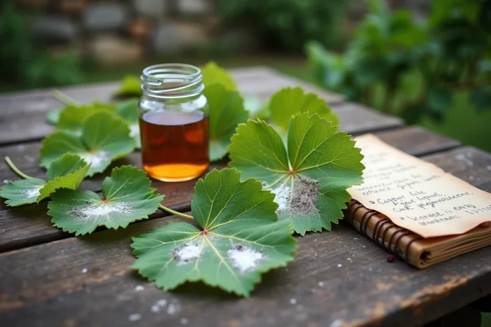 Feuilles de vigne malades avec mildiou et taches nécrotiques posées sur une table en bois avec produit de traitement