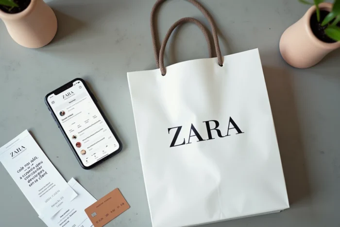 Vue à plat d'un sac Zara vide, d'un reçu et d'un smartphone pour illustrer un colis non livré