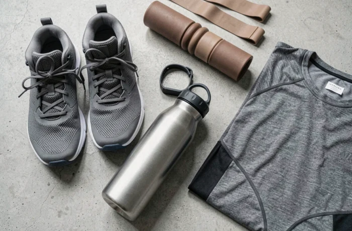 Flat-lay des équipements sportifs indispensables pour bien s'équiper en 2024 — chaussures, tracker, foam roller et accessoires
