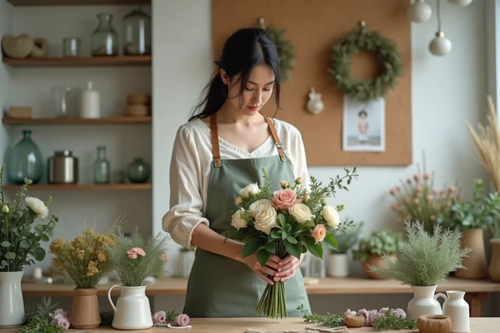 Fleuriste préparant un bouquet de mariée composé de roses et de feuillage dans un atelier artisanal lumineux