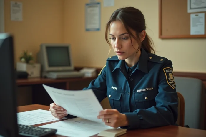 Gendarme adjointe volontaire (GAV) en uniforme consultant des documents administratifs dans un bureau de gendarmerie