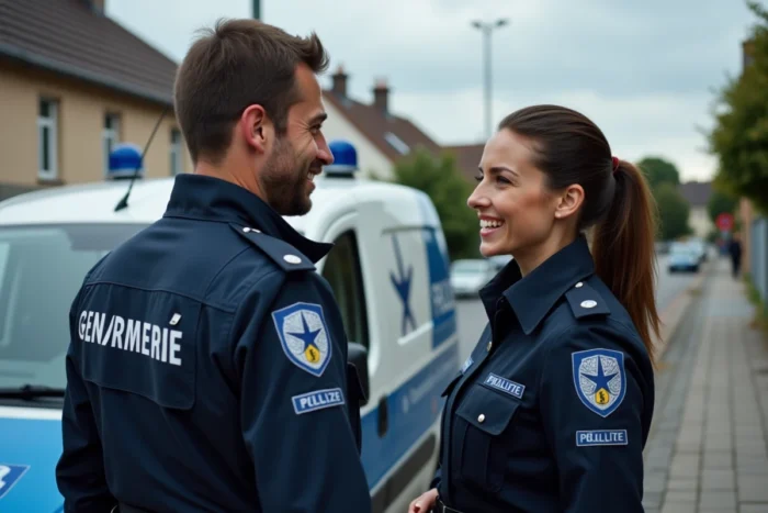Un GAV et une sous-officière de gendarmerie discutant près d'un véhicule de patrouille en milieu périurbain, illustrant les deux statuts
