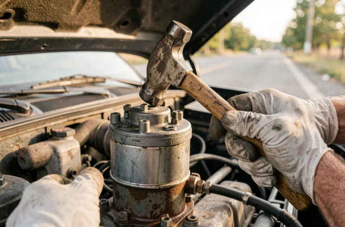 Gros plan de mains frappant sur un démarreur de voiture avec un marteau lors d'une panne en bord de route