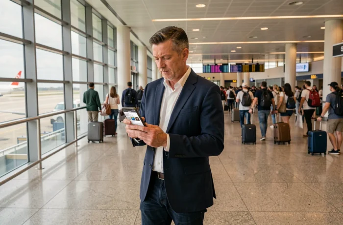 Homme connecté consultant les tendances mondiales sur smartphone dans un terminal d'aéroport international animé