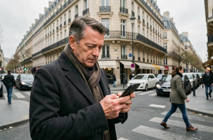 Homme consultant les actualités nationales sur son smartphone dans une rue d'une ville française
