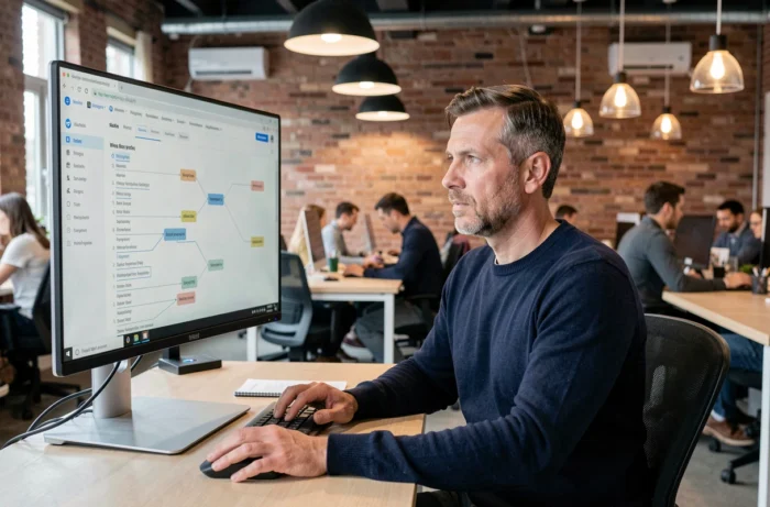 Homme analysant la structure d'un sitemap de site web sur un grand écran dans un bureau moderne en open space