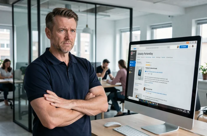 Homme scrutant des avis consommateurs sur Kimeo France devant un écran d'ordinateur en open space