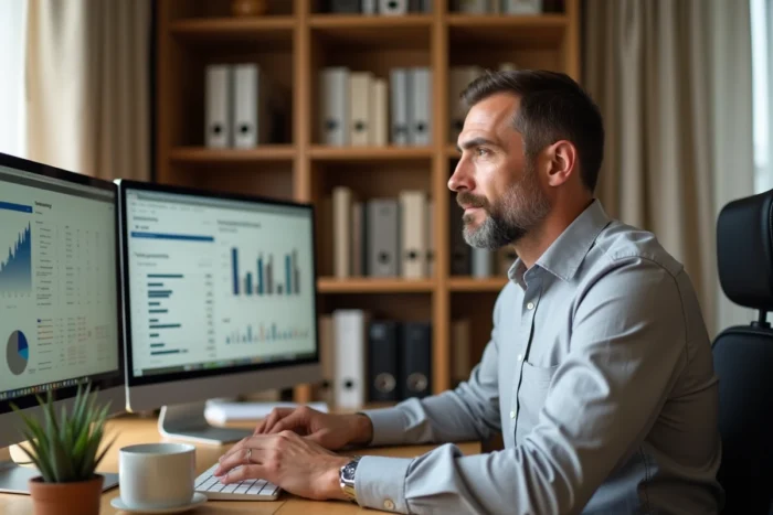 Homme concentré travaillant sur un double écran avec des outils d'analyse de productivité dans un bureau à domicile moderne