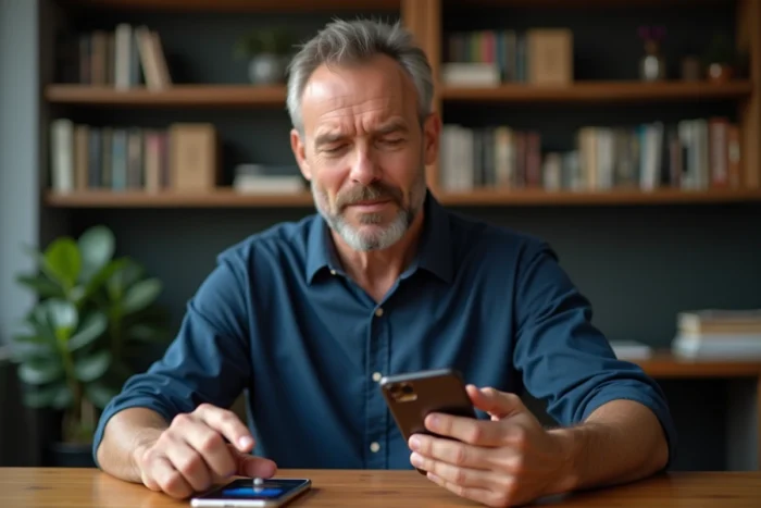 Homme utilisant le capteur de température d'un smartphone posé sur un bureau en bois