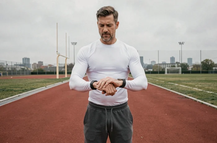 Homme comparant deux montres connectées sur une piste d'athlétisme pour choisir son équipement sportif