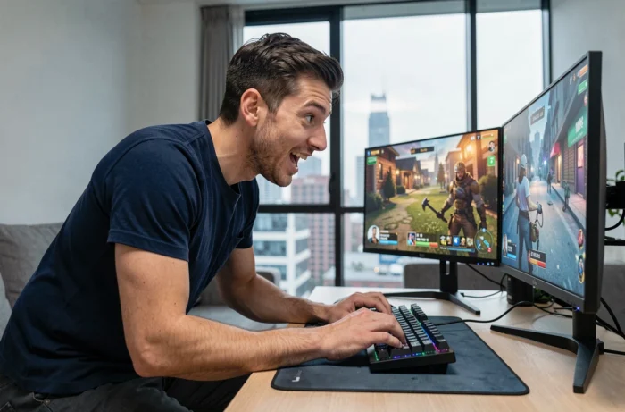 Homme concentré jouant à des jeux gratuits en ligne sur une configuration de bureau avec deux écrans dans un appartement moderne