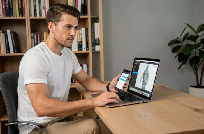 Homme créant sa silhouette virtuelle sur un ordinateur portable à partir de ses mensurations