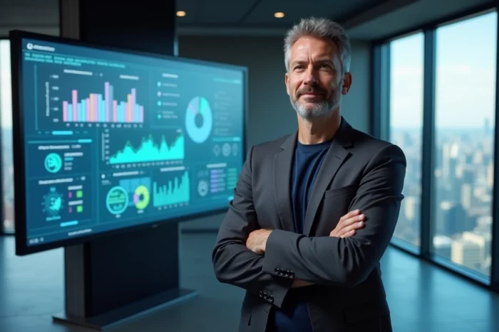 Homme en blazer devant un écran interactif affichant des innovations technologiques et interfaces IA