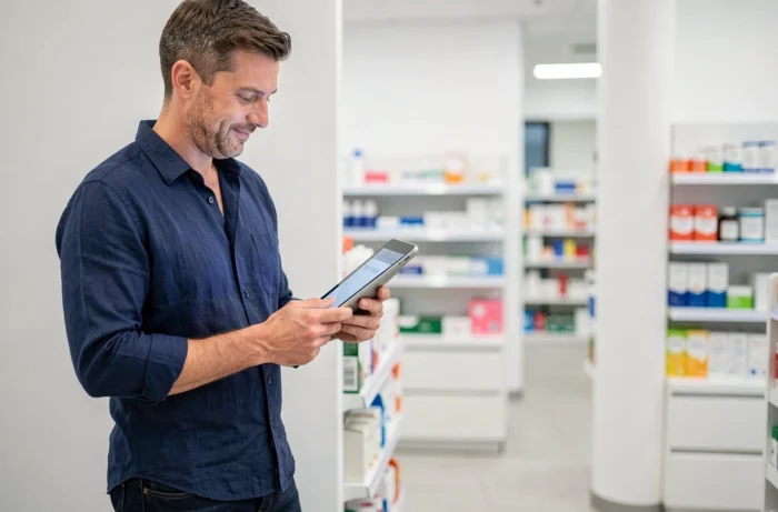 Homme d'âge moyen consultant des informations de santé sur une tablette dans une clinique de bien-être moderne