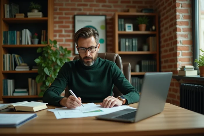 Homme concentré lisant des documents sur la RSE et les critères ESG à son bureau dans un bureau privé au décor durable