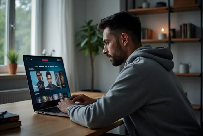 Homme parcourant un site de streaming alternatif sur son ordinateur portable dans un bureau à domicile minimaliste