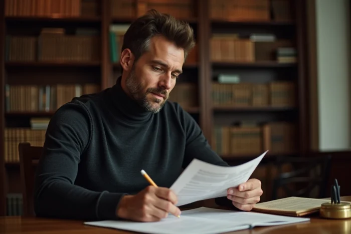 Homme concentré prenant des notes sur un rapport détaillé dans une salle de lecture professionnelle