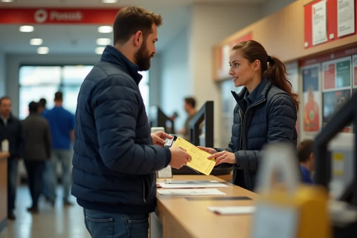 Homme récupérant une lettre recommandée au guichet de La Poste avec un avis de passage