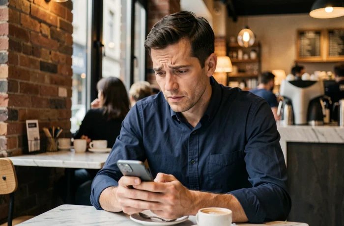 Homme intrigué consultant une plateforme en ligne sur smartphone dans un café urbain