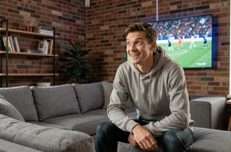 Jeune homme regardant un match de football en streaming sur grand écran dans son salon moderne