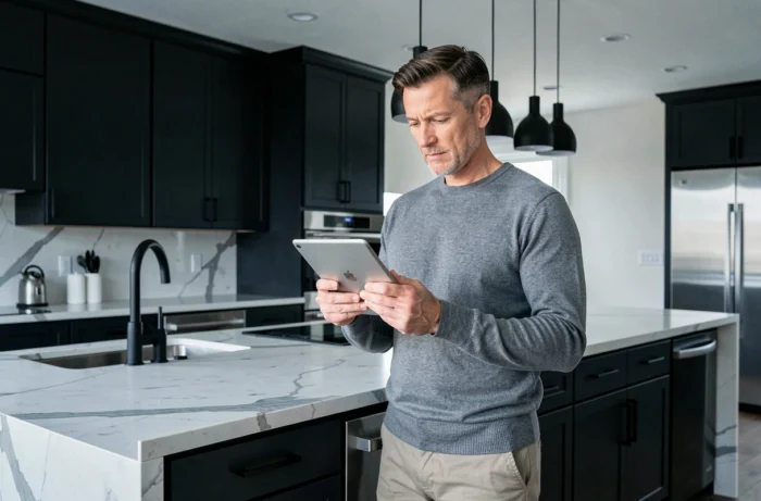 Homme consultant la carte du site Maison Mania sur une tablette dans une cuisine moderne