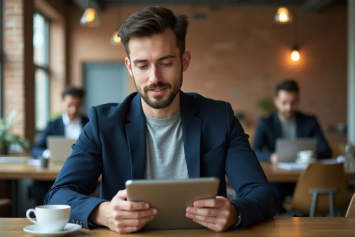 Homme en blazer utilisant une tablette dans un espace de coworking pour optimiser sa recherche d'emploi grâce à une plateforme de CV en ligne