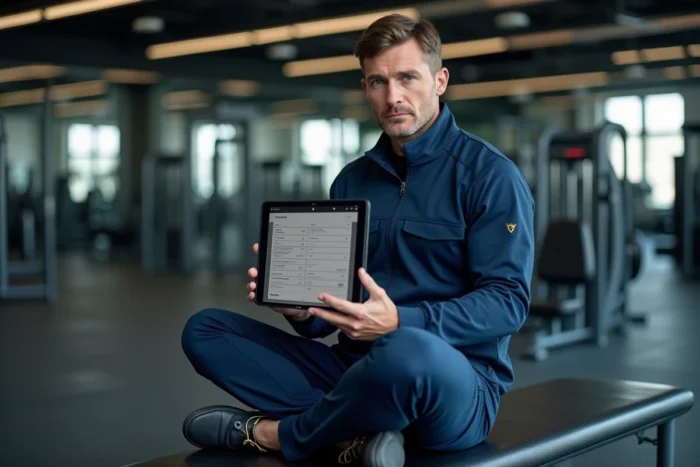 Homme consultant le plan du site Sportivoz sur une tablette dans une salle de sport