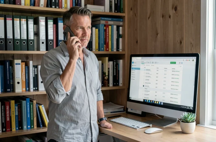 Homme en télétravail consultant un annuaire téléphonique sur écran et passant un appel professionnel avec l'indicatif 04 12 depuis son bureau à domicile