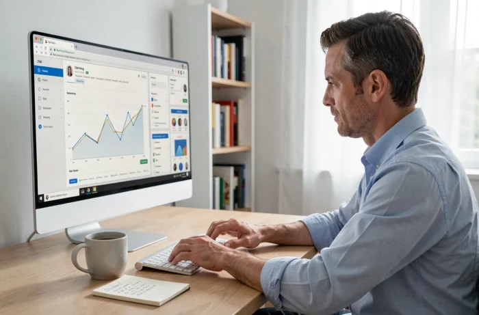 Homme travaillant seul sur un outil CRM depuis son bureau à domicile avec des données clients affichées à l'écran