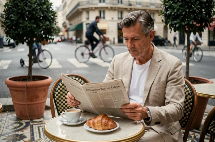 Homme lisant le journal en terrasse de café parisien avec croissant et café crème, style de vie parisien