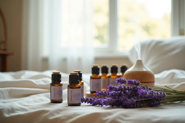 Diffuseur de lavande et flacons d'huile essentielle sur une table de nuit dans une chambre à coucher
