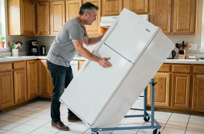 Homme inclinant un réfrigérateur blanc sur un diable de déménagement dans une cuisine moderne avant transport