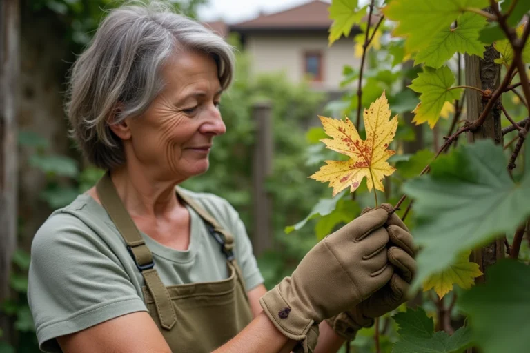 Jardinière inspectant des feuilles de vigne malades avec des gants de jardinage dans un jardin résidentiel