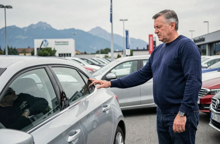 Homme suisse inspectant une voiture d'occasion dans un concessionnaire automobile à Genève