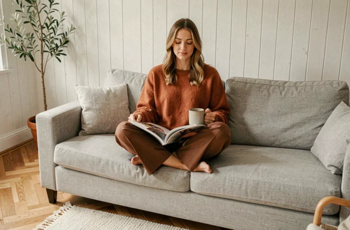 Femme détendue en pull rouille et pantalon chocolat feuilletant un magazine de mode dans un salon scandinave, inspiration mode automne-hiver