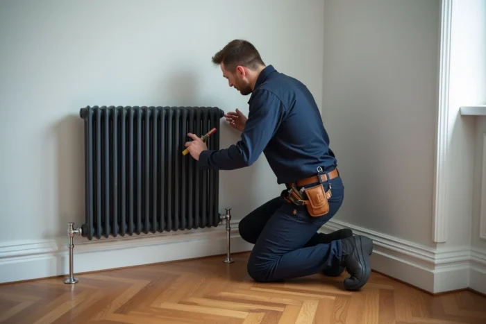 Technicien installant un radiateur électrique en fonte dans un appartement haussmannien avec parquet en point de Hongrie