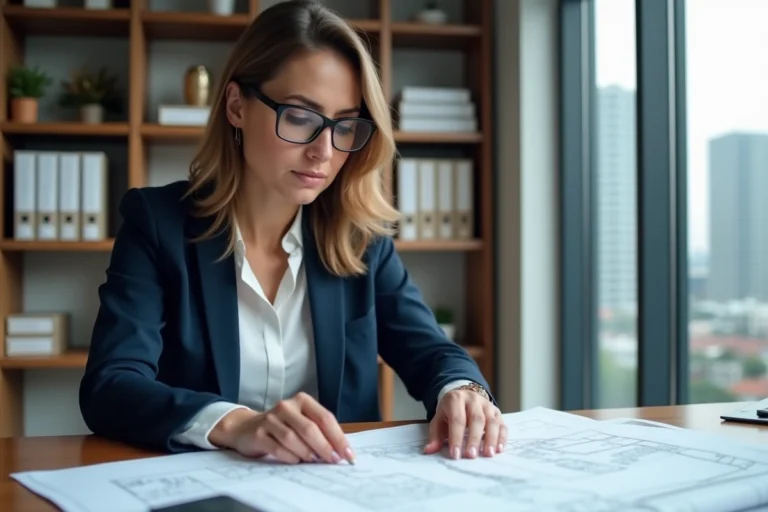 Investisseure immobilière analysant des plans et documents financiers dans un bureau moderne avec vue sur la ville