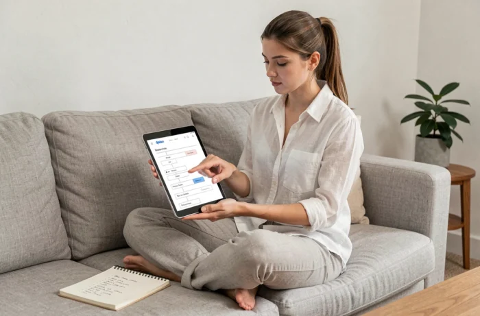 Jeune femme parcourant un sitemap de navigation sur une tablette depuis son canapé dans un salon épuré