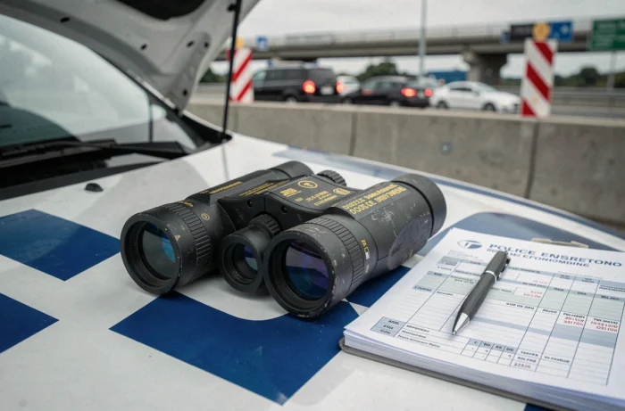 Jumelles laser de contrôle de vitesse de la police posées sur un véhicule de patrouille avec carnet de procès-verbal