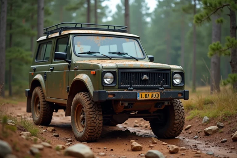 Lada Niva 4x4 2026 sur un chemin de terre en forêt, vue trois quarts avant avec boue séchée sur les pneus